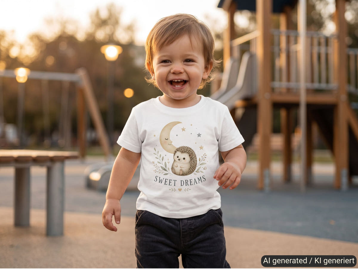 Sweet Dreams Igel Baby T-Shirt – Trageansicht von Odd Hour Supply.