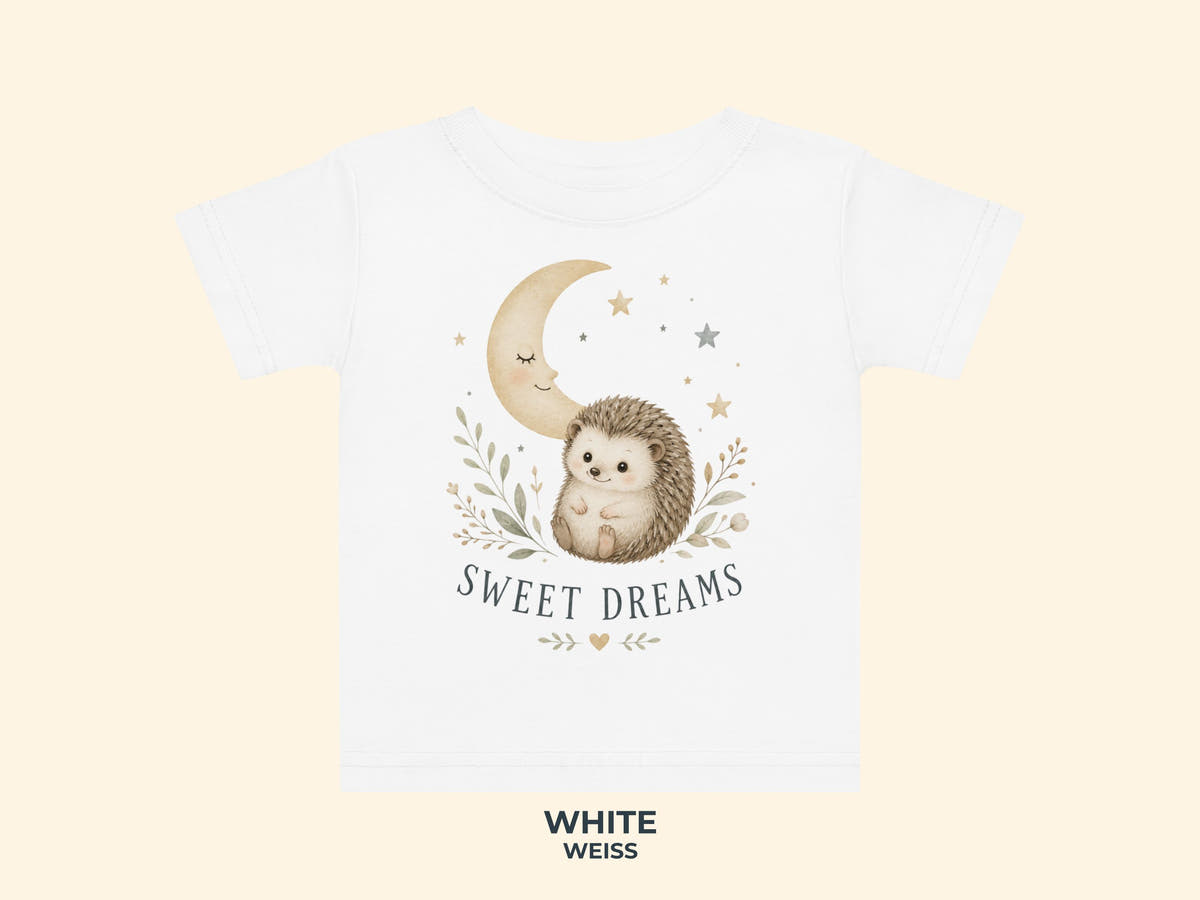 Sweet Dreams Igel Baby T-Shirt in Weiß – Produktansicht von Odd Hour Supply.