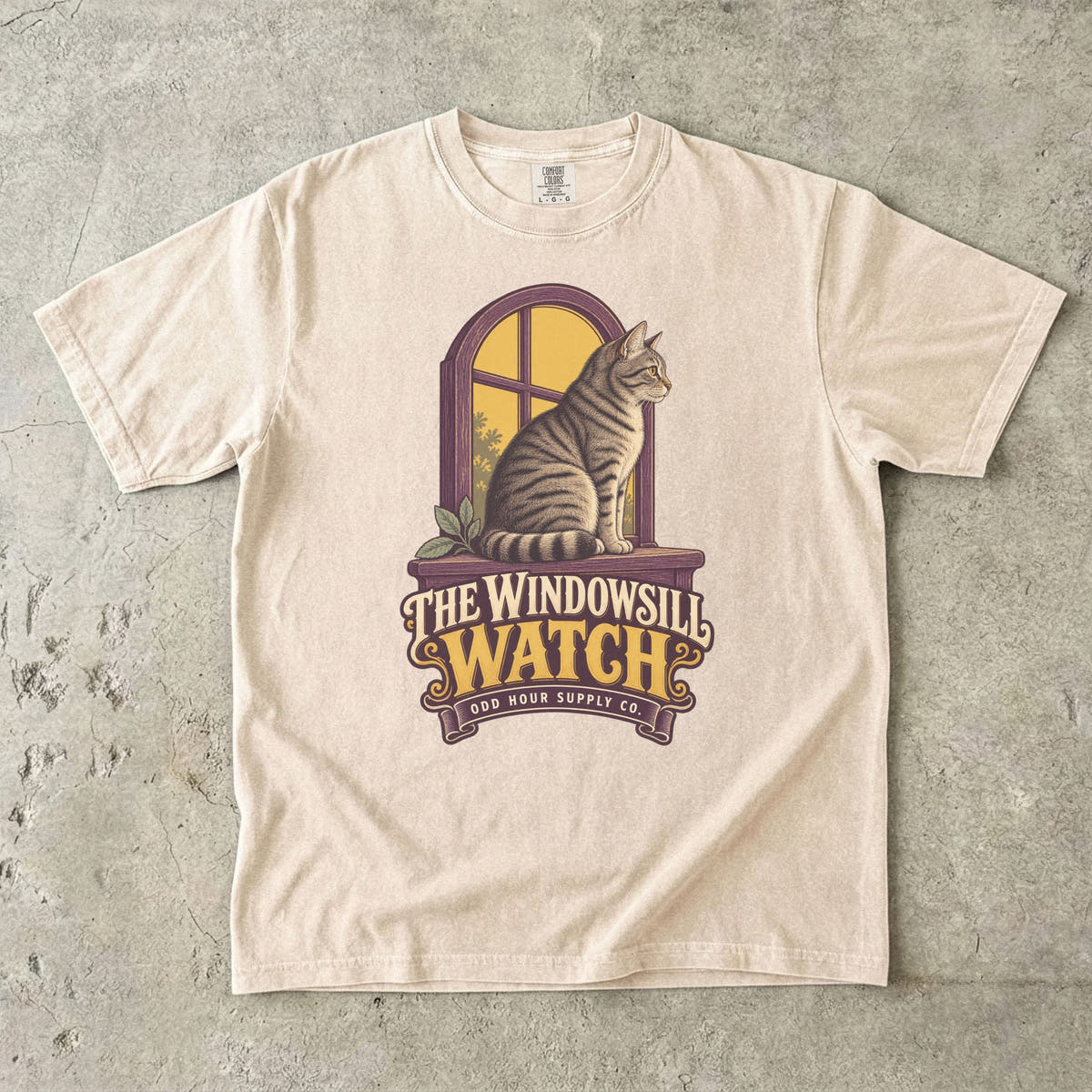 Comfort Colors 1717 T-Shirt in Ivory mit dem Motiv The Windowsill Watch, Vorderansicht