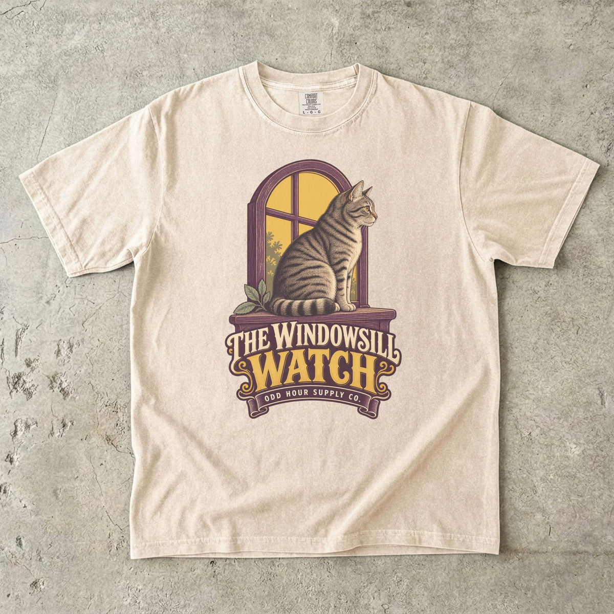 Comfort Colors 1717 T-Shirt in Ivory mit dem Motiv The Windowsill Watch, Vorderansicht