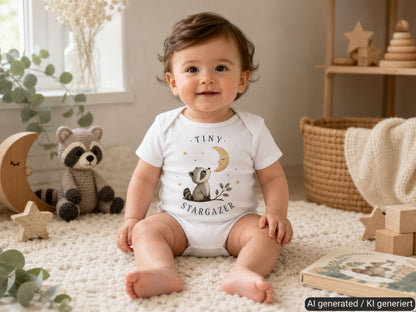 Tiny Stargazer Waschbär Babybody – Trageansicht von Odd Hour Supply.