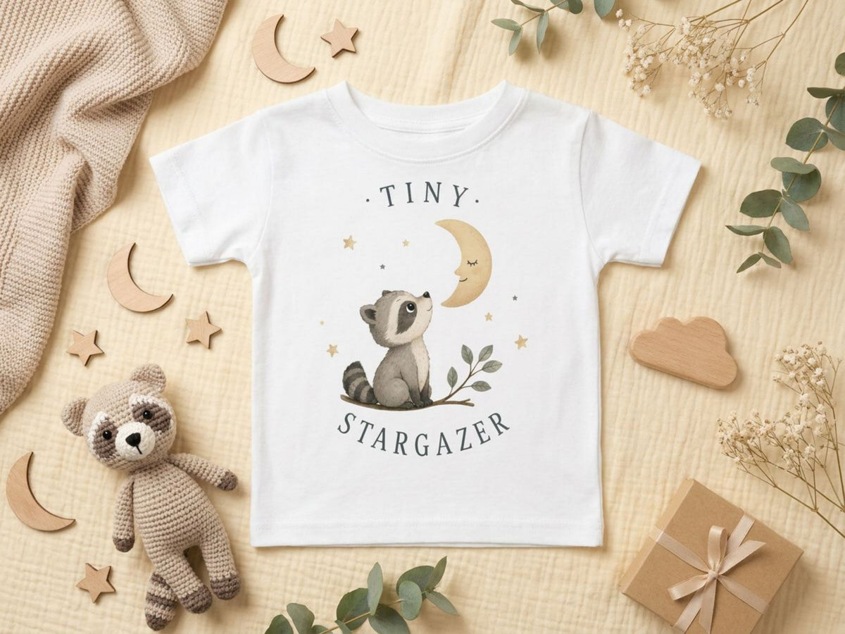 Tiny Stargazer Waschbär Baby T-Shirt – Produktansicht von Odd Hour Supply.