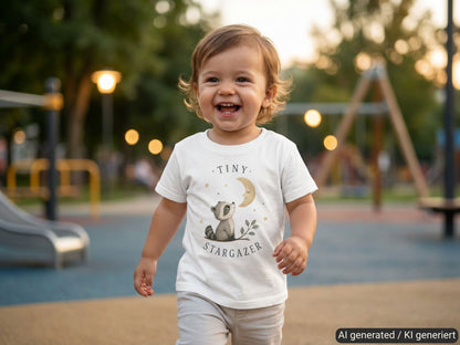 Tiny Stargazer Waschbär Baby T-Shirt – Trageansicht von Odd Hour Supply.