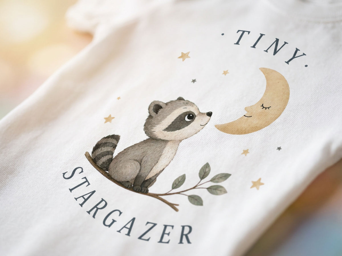 Tiny Stargazer Waschbär Baby T-Shirt – Detailansicht von Odd Hour Supply.