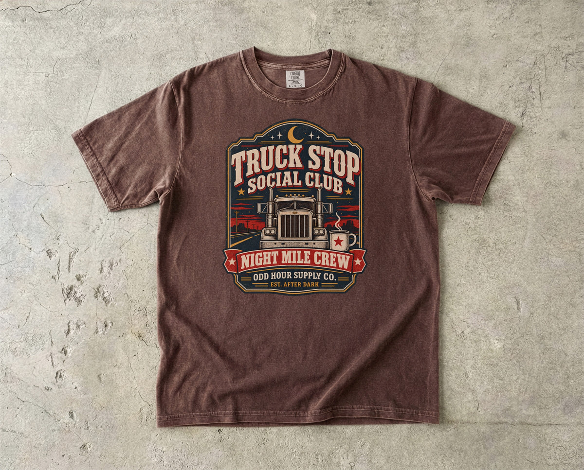 Truck Stop Social Club – Night Mile Crew T-Shirt – Vorderansicht von Odd Hour Supply.