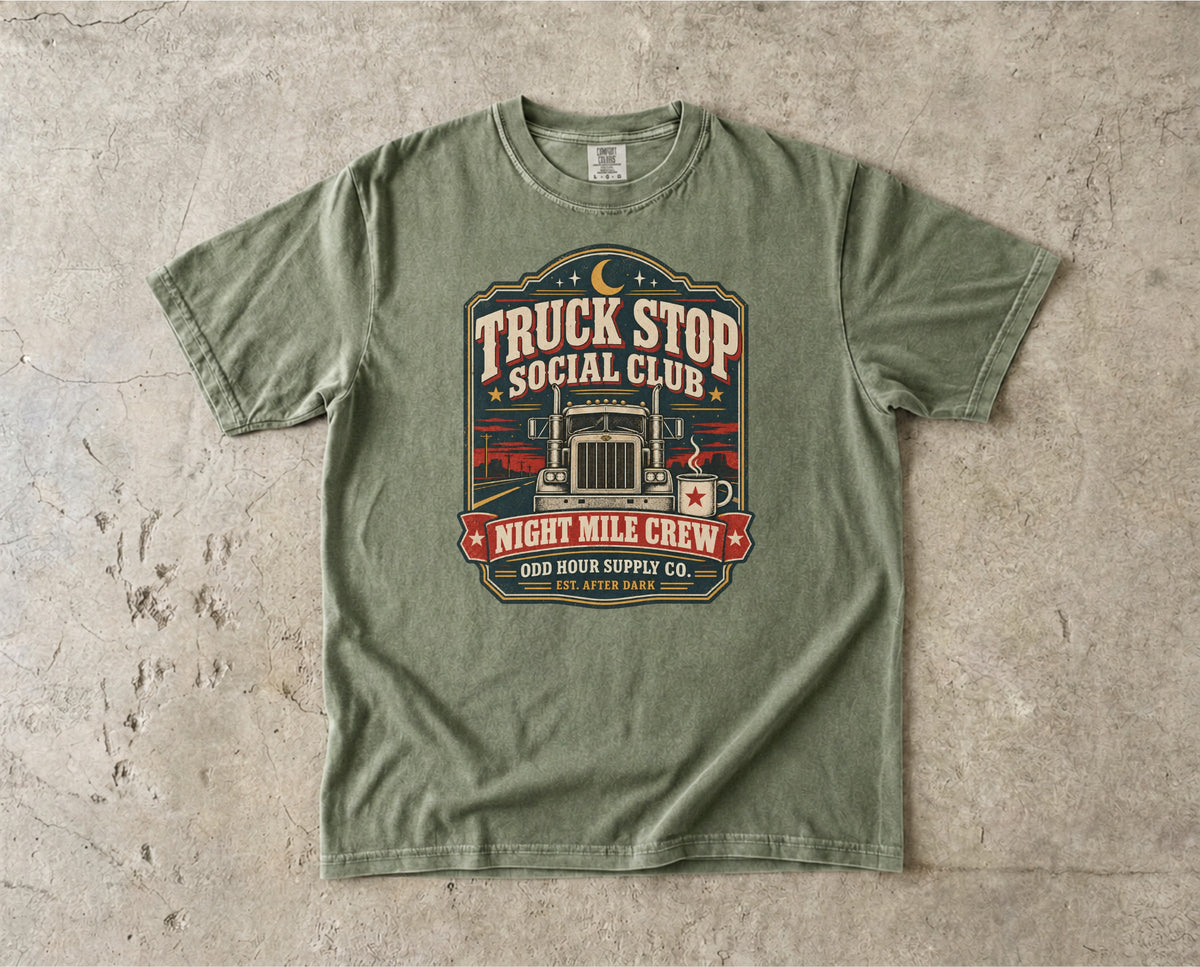 Truck Stop Social Club – Night Mile Crew T-Shirt in Hemp – Vorderansicht von Odd Hour Supply.