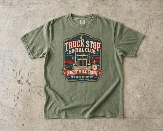 Truck Stop Social Club – Night Mile Crew T-Shirt in Hemp – Vorderansicht von Odd Hour Supply.