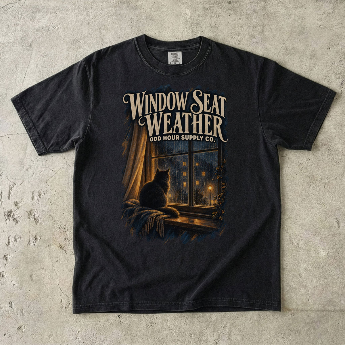 Comfort Colors 1717 T-Shirt in Black mit dem Motiv Window Seat Weather, Vorderansicht