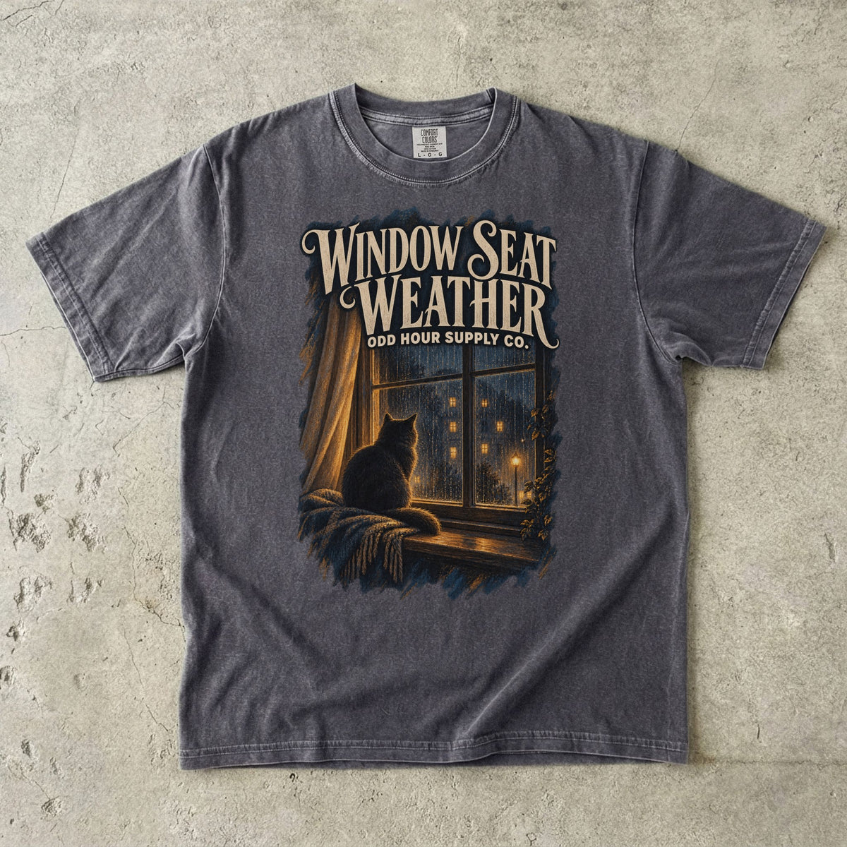 Comfort Colors 1717 T-Shirt in Pepper mit dem Motiv Window Seat Weather, Vorderansicht