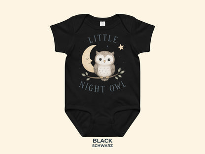 Little Night Owl Babybody in Schwarz – Produktansicht von Odd Hour Supply.
