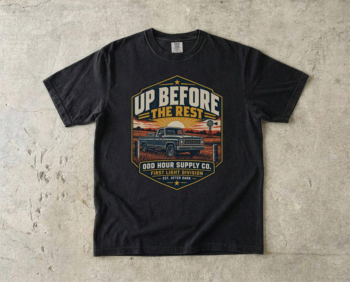 Up Before The Rest T-Shirt in Schwarz – Vorderansicht von Odd Hour Supply.