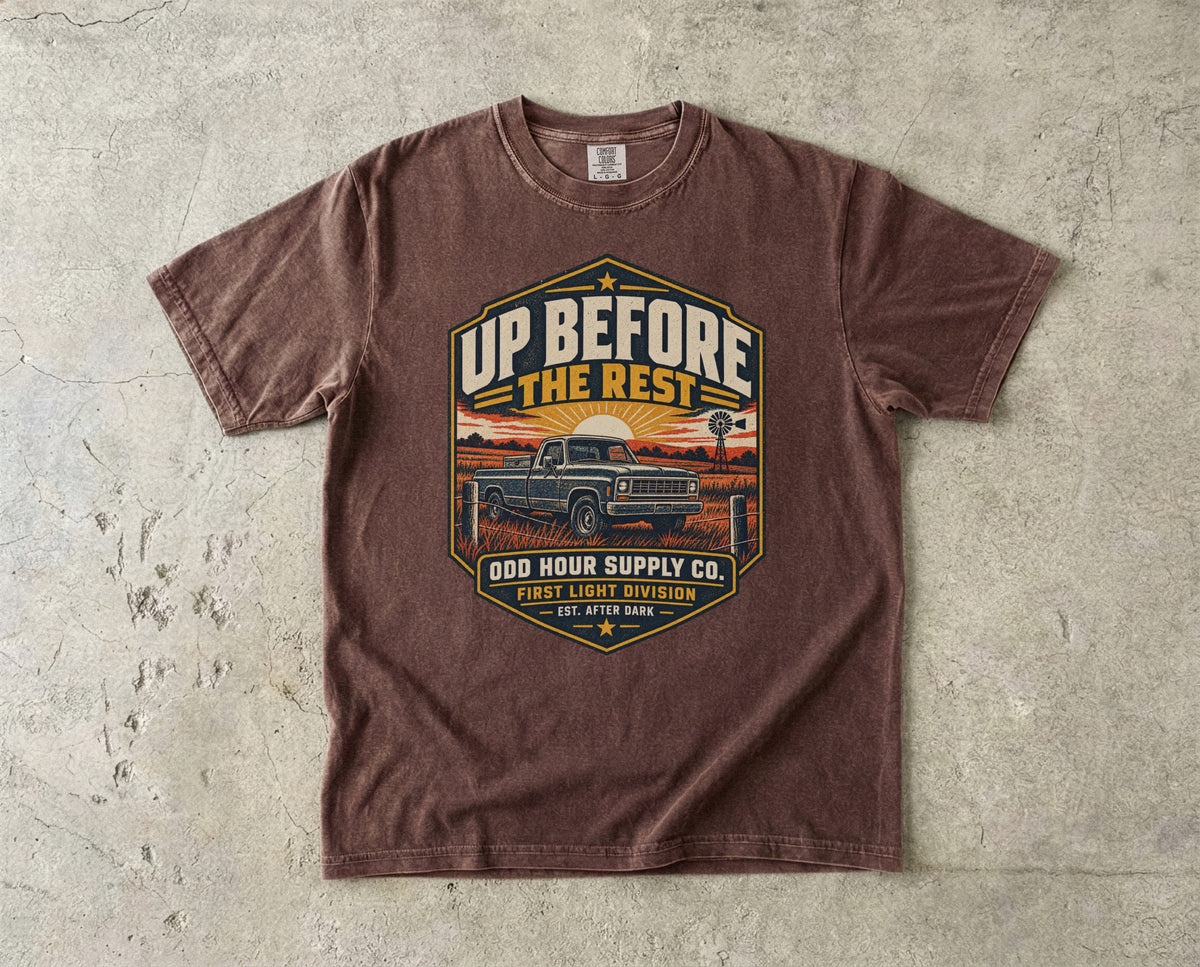Up Before The Rest T-Shirt – Vorderansicht von Odd Hour Supply.