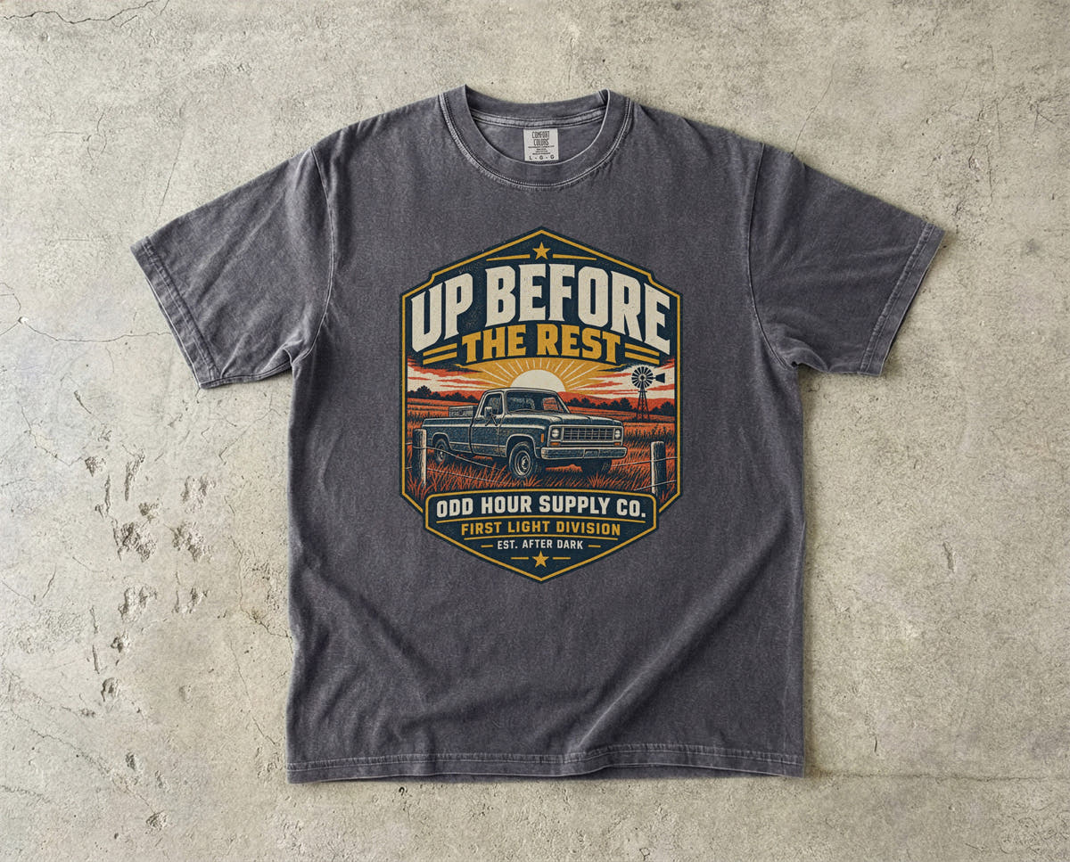 Up Before The Rest T-Shirt in Pepper – Vorderansicht von Odd Hour Supply.